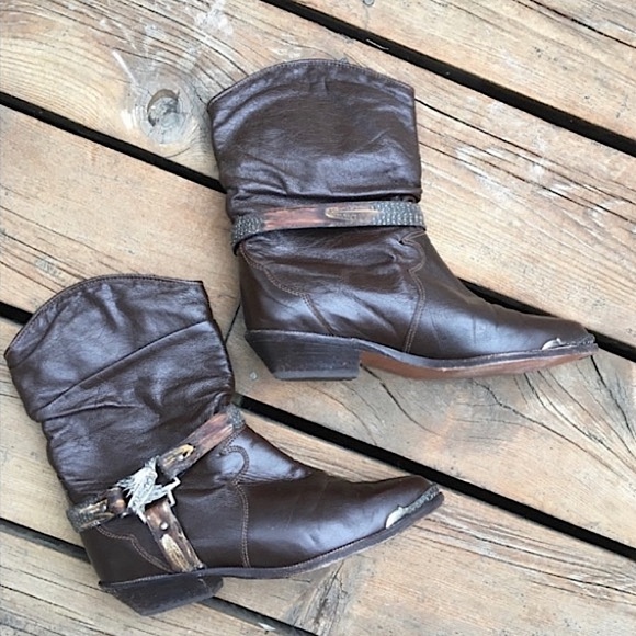 ZODIAC Boots Vintage Moto Brown Leather Silver Gold Floral Feather Size 7.5 - Picture 6 of 11